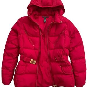 RALPH LAUREN Red Hooded Down Puffer Jacket